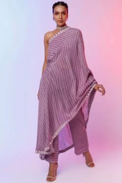 Best Seller 1 SVA Lilac Printed One Shoulder Sari & Pants