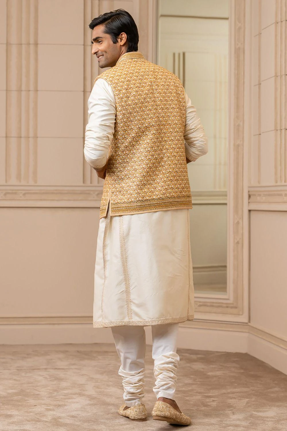 Tarun Tahiliani Men Gold Silk Dupion Printed Bundi 2 Tarun Tahiliani Men Gold Silk Dupion Printed Bundi - Image 2