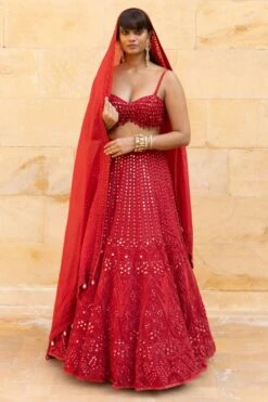 Arpita Mehta Red Mirror & Cutdana Hand Embroidered Lehenga Set