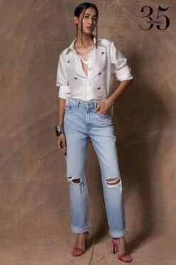 White Embellished Silk Shirt