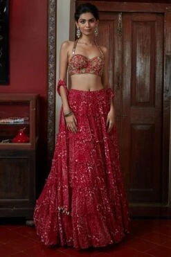 Arpita Mehta Red & Sand Garden Print Tiered Skirt Set