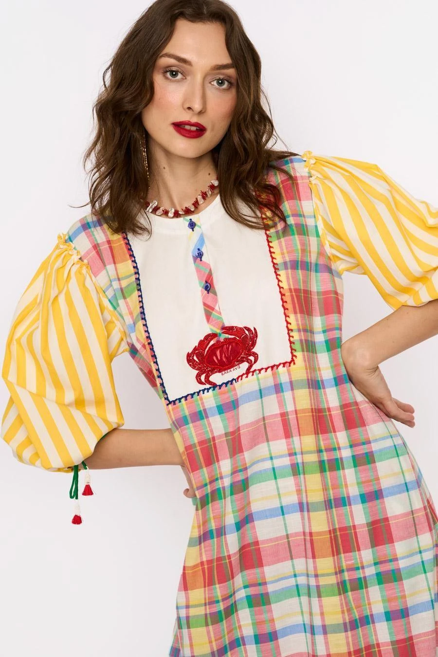 Rara Avis Yellow Checkered Hand Embellished Dress 3 Rara Avis Yellow Checkered Hand Embellished Dress - Image 3