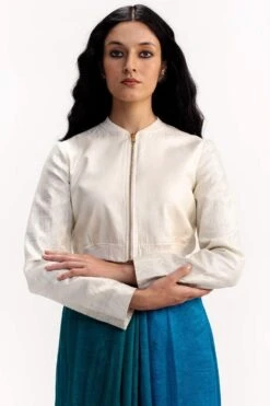 Medium Ivory Bomber Blouse With Metallic Sleeves