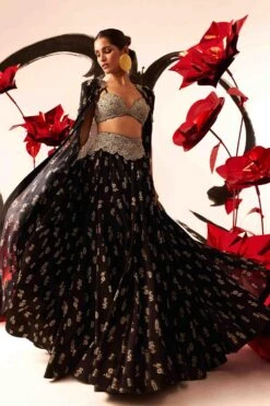 Bhumika Sharma Black Rosette Cape Set