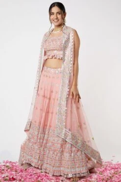 Gopi Vaid Pink Embellished Lehenga Set With Cape