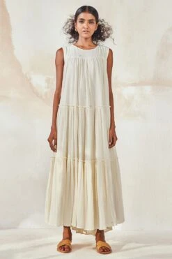 Khara Kapas White Lily Bouque Tiered Dress