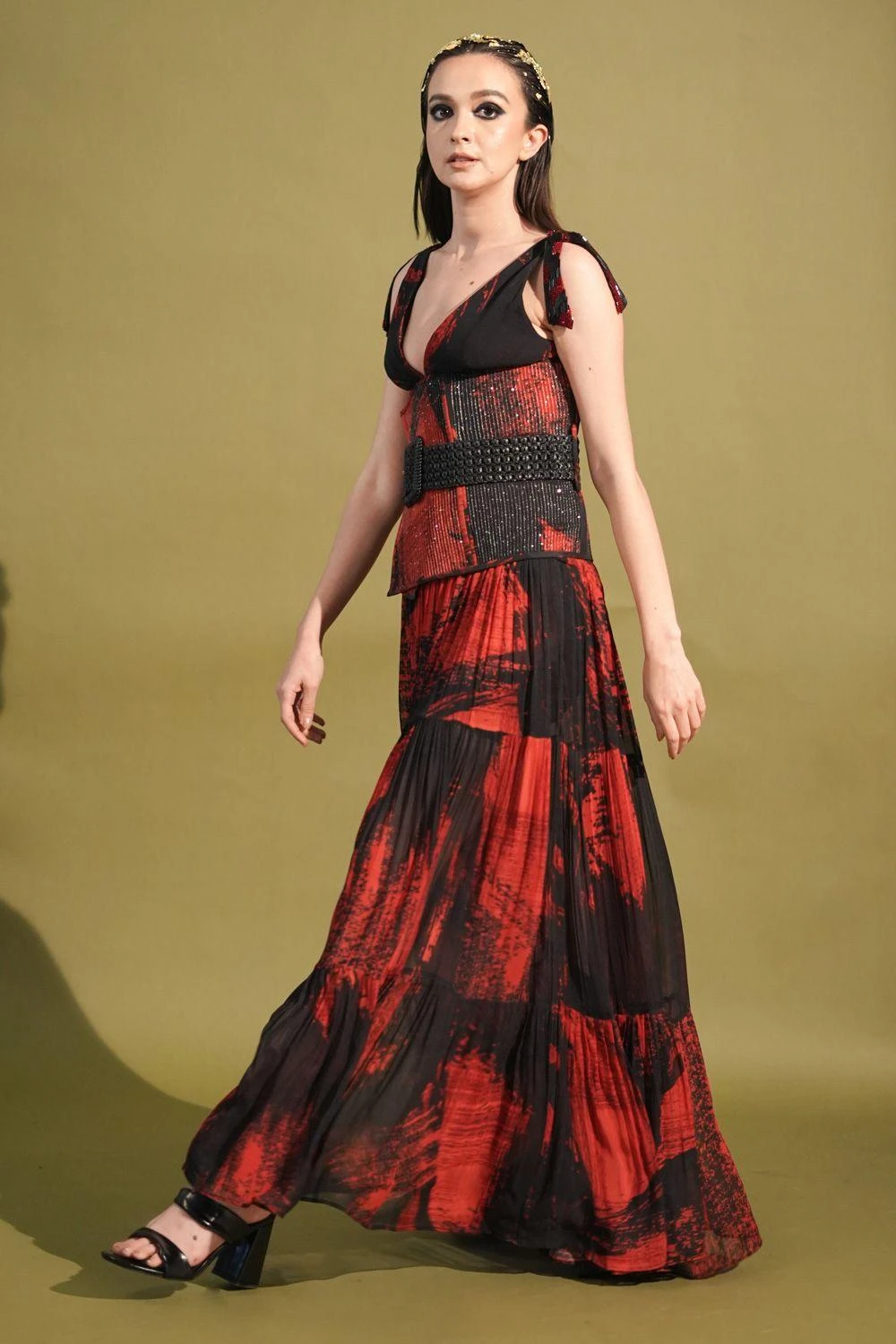 Nikita Mhaisalkar Red Stroke Printed Maxi Dress 2 Nikita Mhaisalkar Red Stroke Printed Maxi Dress - Image 2