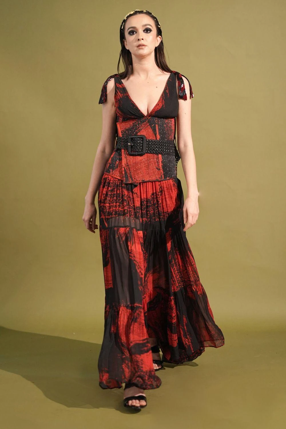 Nikita Mhaisalkar Red Stroke Printed Maxi Dress 3 Nikita Mhaisalkar Red Stroke Printed Maxi Dress - Image 3