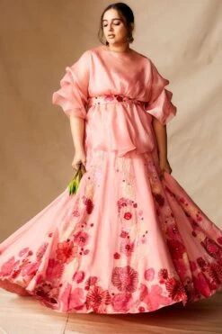 Mishru Pink Organza Embroidered Lehenga Set