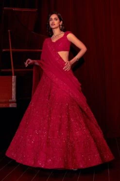 Mishru Pink 3-D Floral Embroidered Lehenga Set