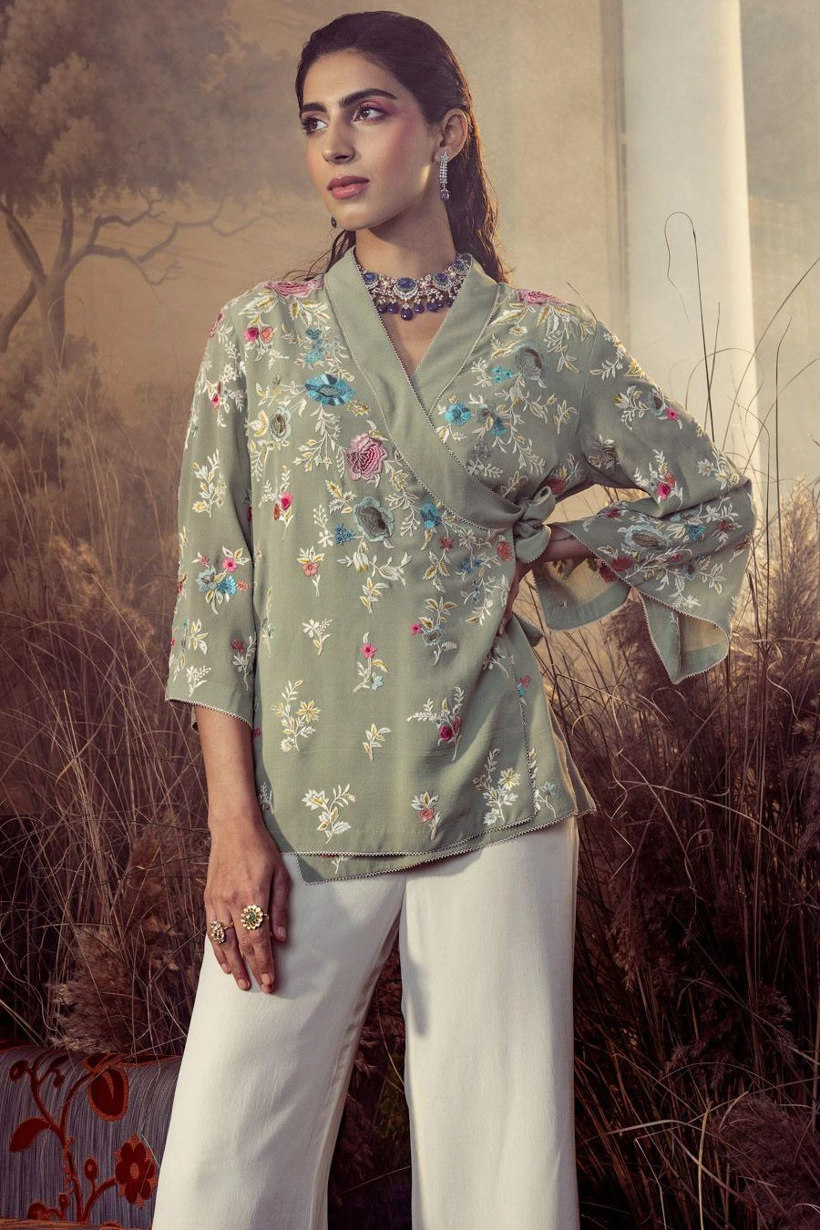 PATINE Sage Green Embroidered Wrap Top 2 PATINE Sage Green Embroidered Wrap Top - Image 2