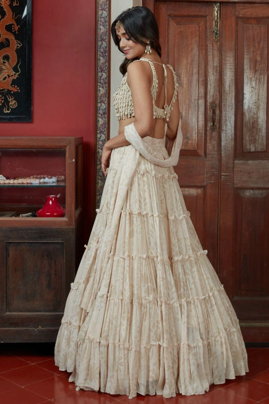 Arpita Mehta Cream & Sand Tiered Lehenga Set 3 Arpita Mehta Cream & Sand Tiered Lehenga Set - Image 3