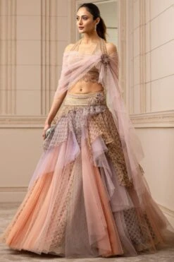 Tarun Tahiliani Tulle Cascade Lehenga With Blouse And Drape