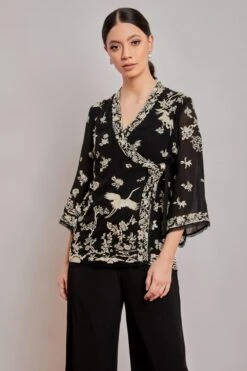 PATINE Black Parsi Gara Embroidered Wrap Top