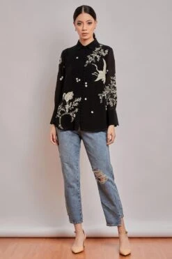 PATINE Black Crane Motifs Parsi Gara Embroidered Shirt