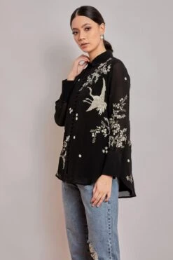 PATINE Black Crane Motifs Parsi Gara Embroidered Shirt -Outlet Spiffy Fits Store 15978 3