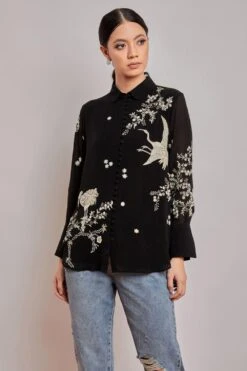 PATINE Black Crane Motifs Parsi Gara Embroidered Shirt -Outlet Spiffy Fits Store 15978 4