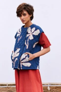 Khara Kapas Aster Blue Floral Printed Mul-Cotton Vest Jacket -Outlet Spiffy Fits Store 161223kk7 3