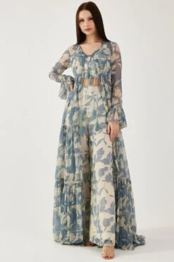 KoAi Cream And Blue Floral Pants