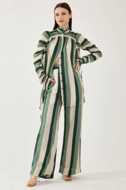 KoAi Beige & Green Smocked Sleeve Shirt