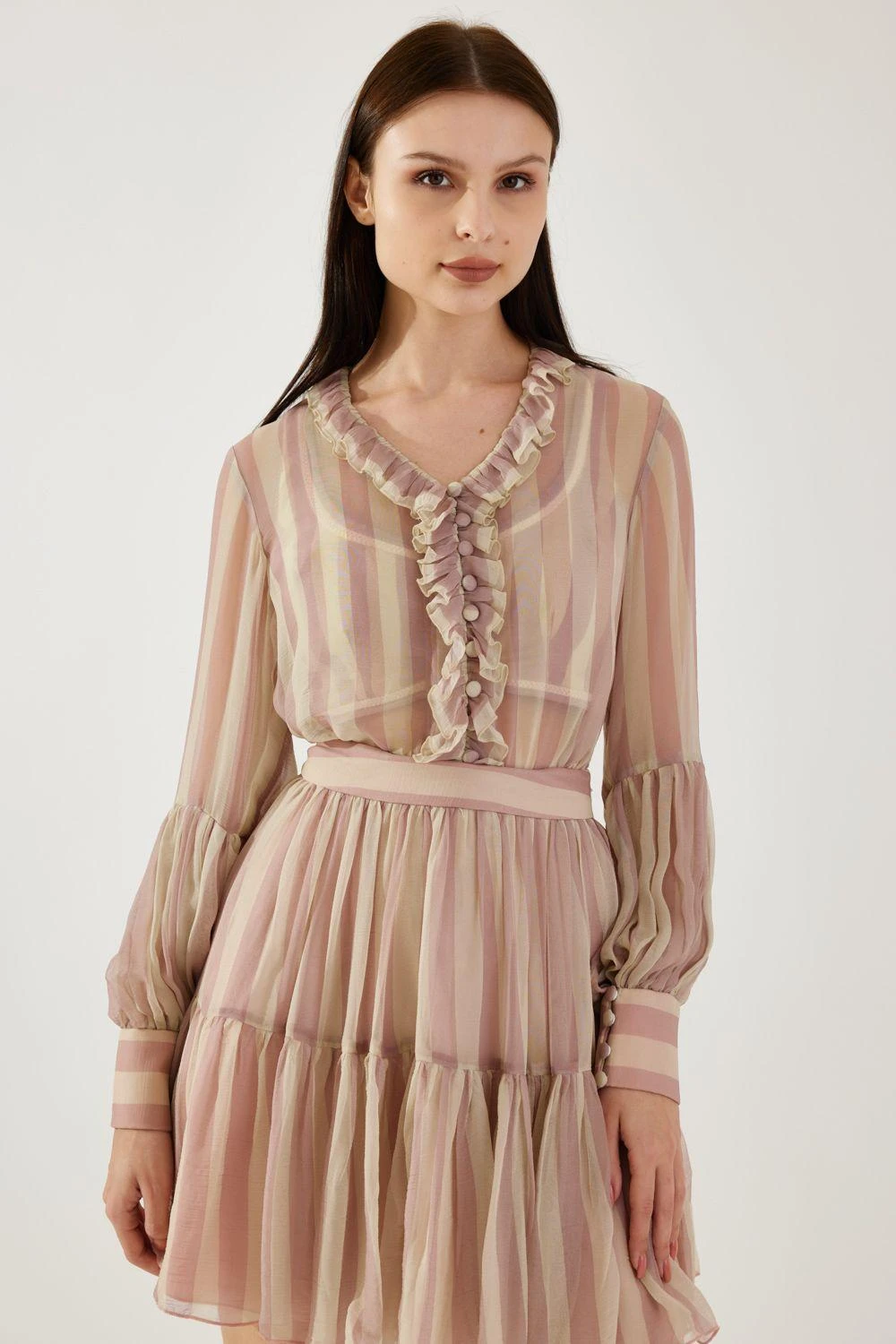KoAi Rose Pink And Cream Stripe Frill Shirt 2 KoAi Rose Pink And Cream Stripe Frill Shirt - Image 2