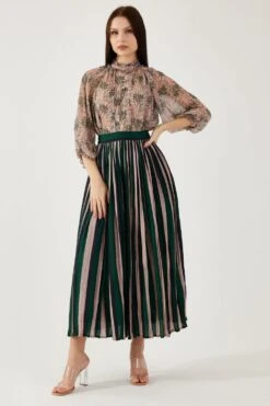 KoAi Green And Black Stripe Crinkled Skirt
