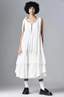 Chola White Shoulder Tie Up Frill Dress