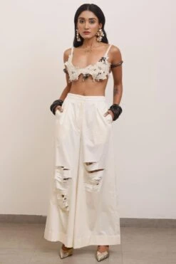 AK-OK By Anamika Khanna White Broad Pants With Deconstructed Details
