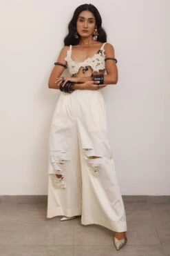 AK-OK By Anamika Khanna White Broad Pants With Deconstructed Details -Outlet Spiffy Fits Store 19523ak17 6