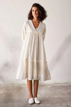 Khara Kapas Off White Tiered Midi Dress
