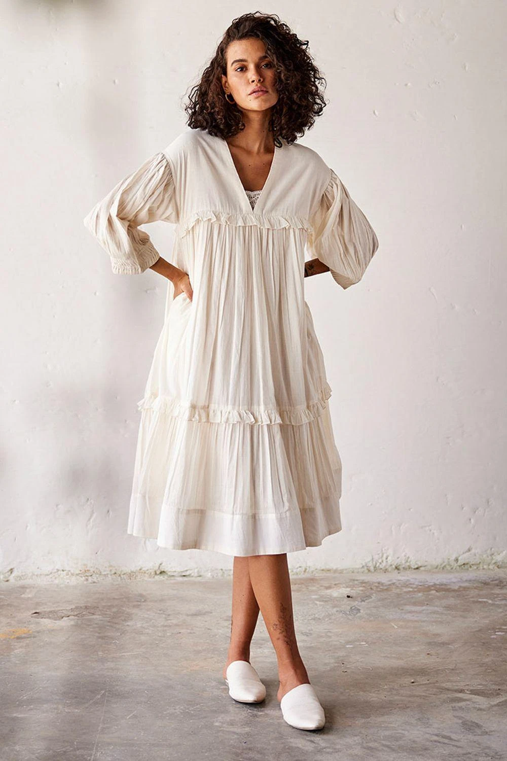 Khara Kapas Off White Tiered Midi Dress 2 Khara Kapas Off White Tiered Midi Dress - Image 2