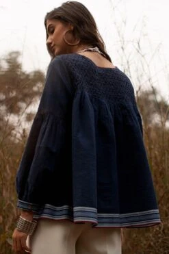 Payal Pratap Blue Top With Smocking Details -Outlet Spiffy Fits Store 1sb 24 b 4