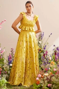 Chandrima Yellow Tonal Cutwork Lehenga