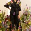 Chandrima Black Floral Applique Kimono Shirt