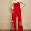 PATINE Blood Red Silk Crepe Embroidered Pants