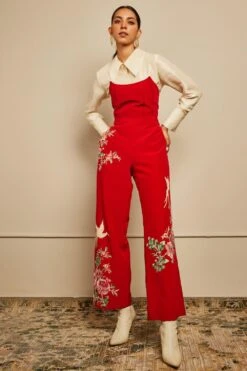 PATINE Blood Red Silk Crepe Embroidered Pants