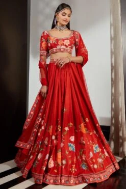 Ridhi Mehra Red Floral Printed Lehenga Set With Embroidery
