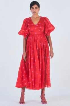 Little Things Red Printed Dress With Balloon Sleeves