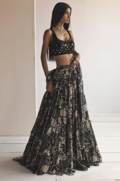 Arpita Mehta Black Garden Print Tiered Skirt Set