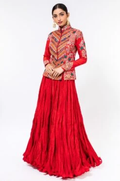 Debyani Red Embroidered British Jacket & Crushed Lehenga