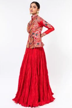 Debyani Red Embroidered British Jacket & Crushed Lehenga -Outlet Spiffy Fits Store 2312deb9 3