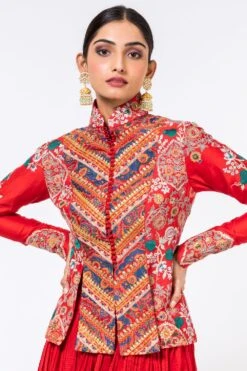 Debyani Red Embroidered British Jacket & Crushed Lehenga -Outlet Spiffy Fits Store 2312deb9 4