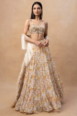 Arpita Mehta Orange Floral Printed Tiered Lehenga Set
