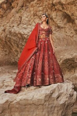 Eeksha Burgundy Hand Embellished Floral Lehenga Set