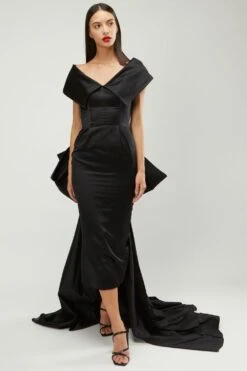 Gauri & Nainika Black Off Shoulder Duchess Satin Dress