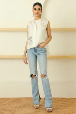 Twenty Nine White Embroidered Top With Pleated Back