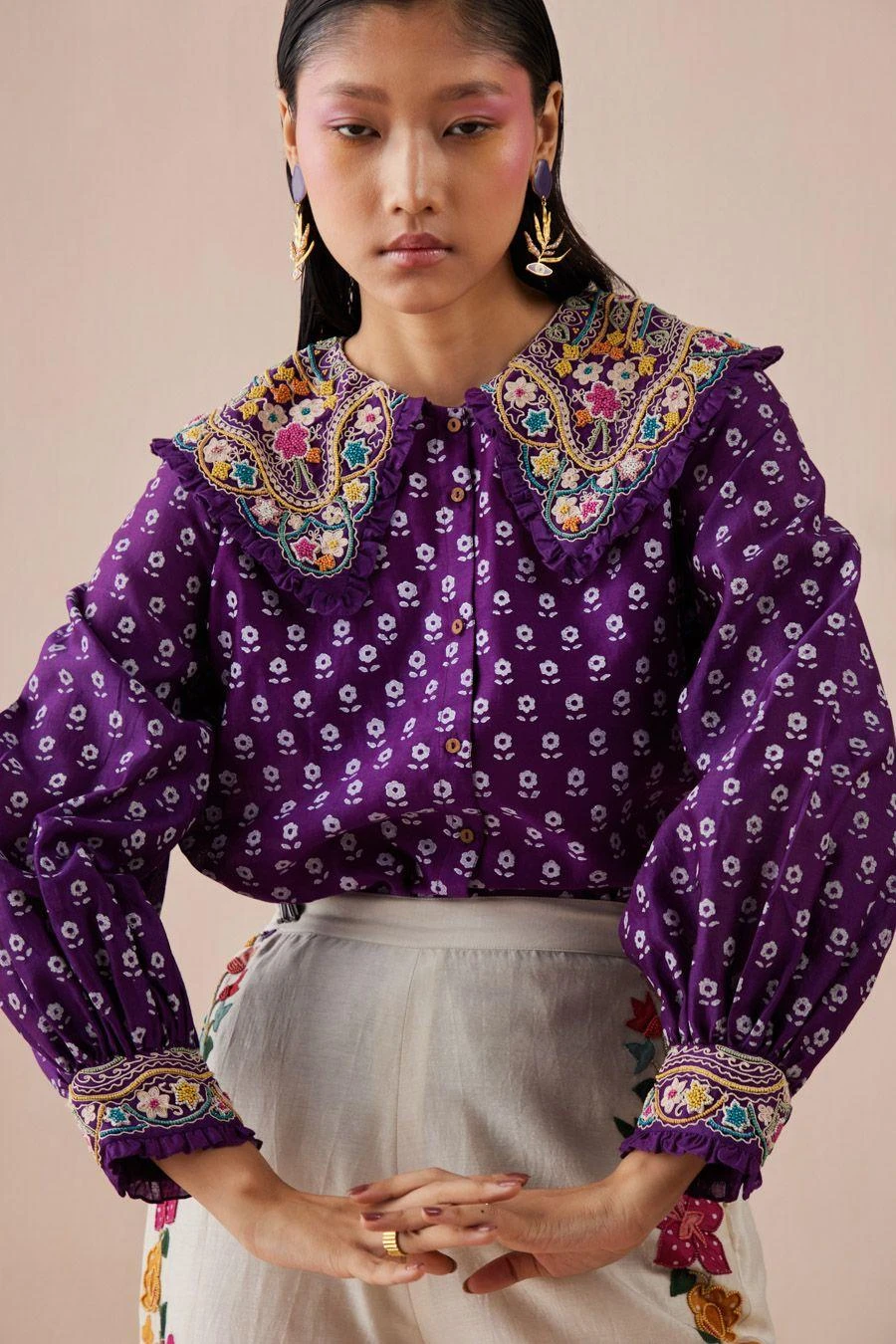 Chandrima Purple Printed Shirt With Collar Detail 3 Chandrima Purple Printed Shirt With Collar Detail - Image 3