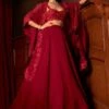 Mishru Red Floral Embroidered Cape & Lehenga Set