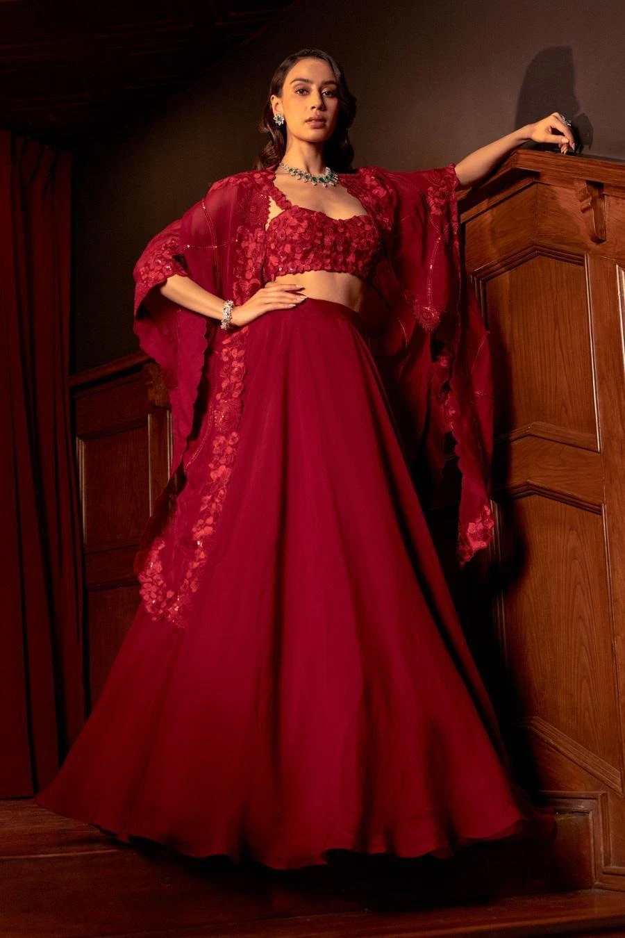 Mishru Red Floral Embroidered Cape & Lehenga Set 1 Mishru Red Floral Embroidered Cape & Lehenga Set