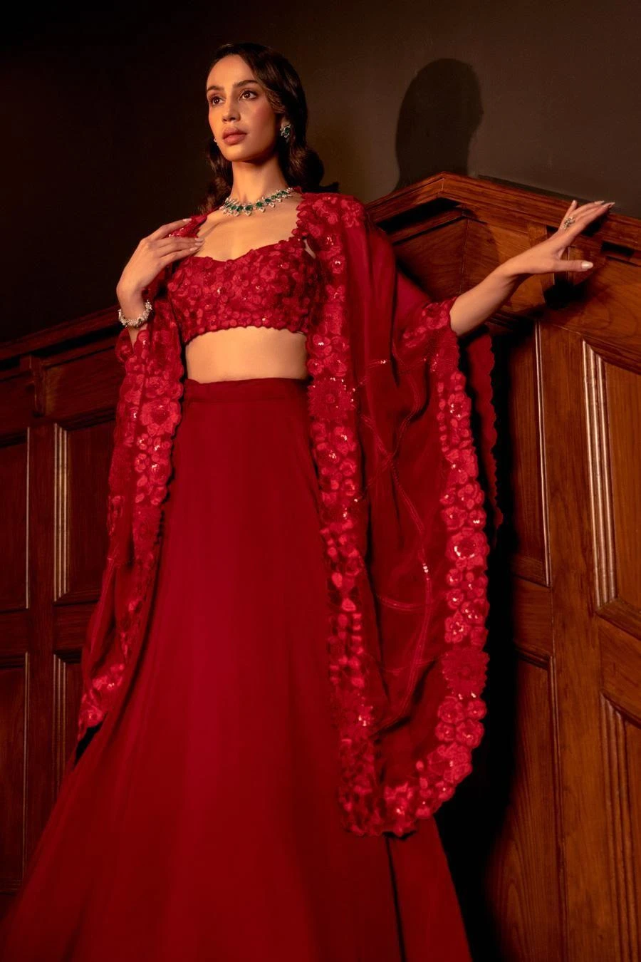 Mishru Red Floral Embroidered Cape & Lehenga Set 2 Mishru Red Floral Embroidered Cape & Lehenga Set - Image 2